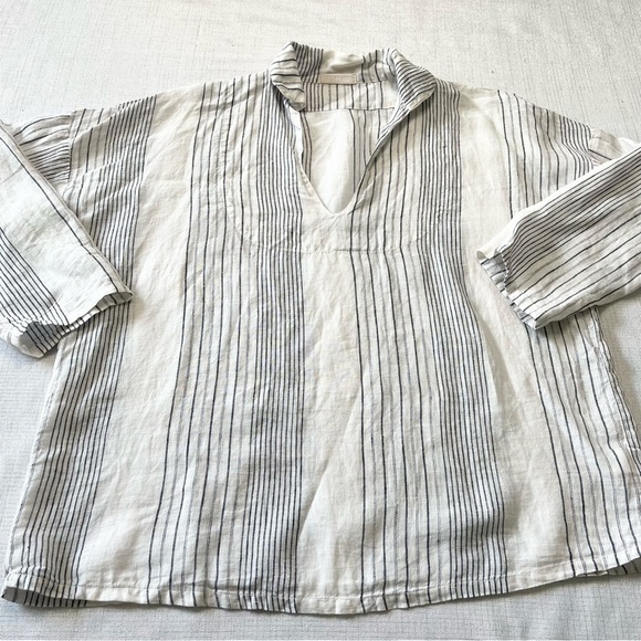 CP Shades Womens  Linen Top S Tunic White Blue Stripe Lagenlook Boho Relaxed - Picture 7 of 8